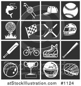 Vector Illustration of White Sports Icons over a Black Background, Including Fishing, Golfing, Baseball, Racing, Skiing, Motorsports, Bicycling, Cricket, and Ice Skating by AtStockIllustration