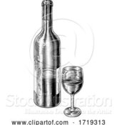 Vector Illustration of Wine Glass and Bottle Vintage Woodcut Etching by AtStockIllustration