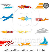 Vector Illustration of Winged Envelope, Flaming Race Car, Tire, Blue Dove, Flying Jet, Super Hero, Rocket, Lightning Bolt, Rabbit, Runner, Cheetah and Sailboat, over a White Background by AtStockIllustration