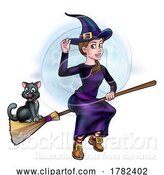 Vector Illustration of Witch Halloween Flying Character and Moon by AtStockIllustration