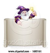 Vector Illustration of Wizard Character Scroll Sign by AtStockIllustration