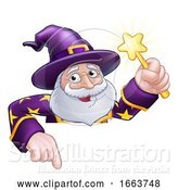 Vector Illustration of Wizard Peeking over Sign Pointing by AtStockIllustration