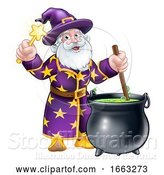 Vector Illustration of Wizard with Wand and Cauldron by AtStockIllustration