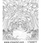 Vector Illustration of Woodland Forest Trees Path Coloring Book Scene by AtStockIllustration