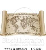 Vector Illustration of World Map Drawing Old Woodcut Engraved Scroll by AtStockIllustration