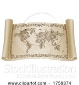 Vector Illustration of World Map Drawing Old Woodcut Engraved Scroll by AtStockIllustration
