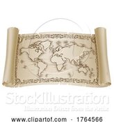 Vector Illustration of World Map Drawing Old Woodcut Engraved Scroll by AtStockIllustration