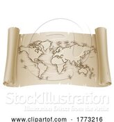 Vector Illustration of World Map Drawing Old Woodcut Engraved Scroll by AtStockIllustration