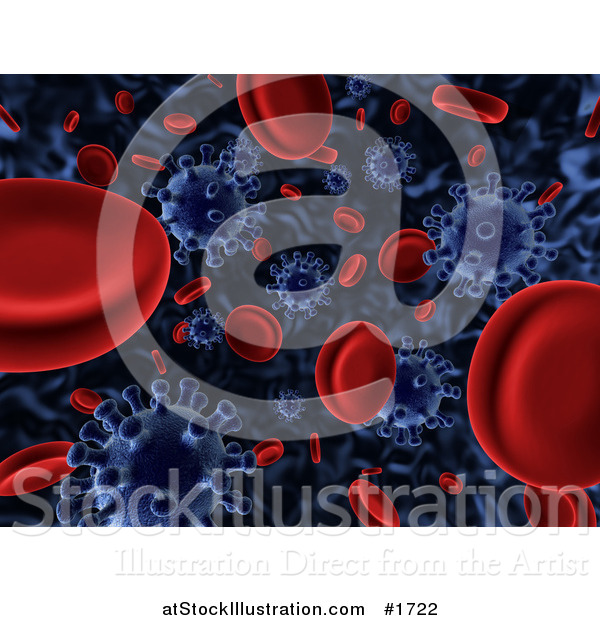 Illustration of a 3d Background of Floating Blue Viruses Attacking Red Blood Cells