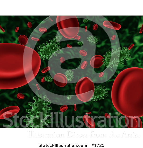 Illustration of a 3d Background of Floating Green Viruses Attacking Red Blood Cells