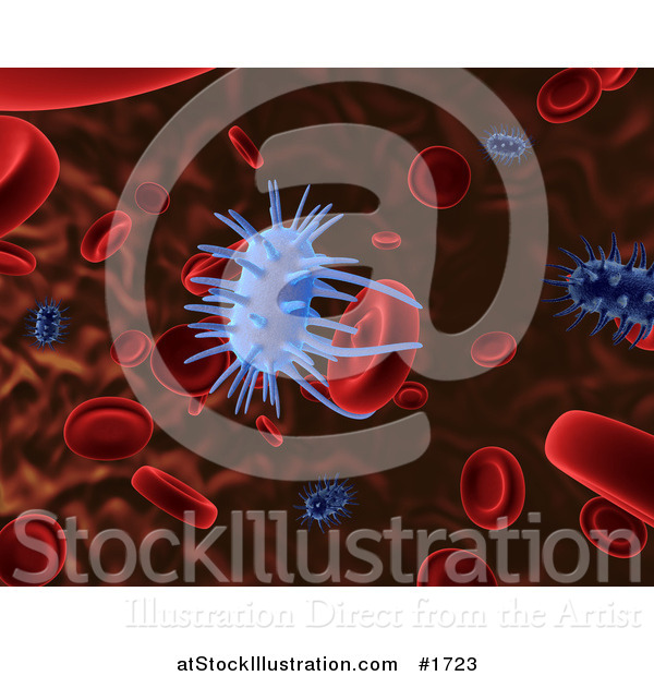 Illustration of a 3d Blue Virus Attacking Red Blood Cells