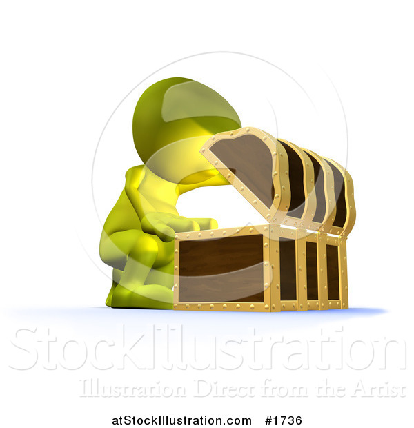 Illustration of a 3d Green Man Opening up a Treasure Chest
