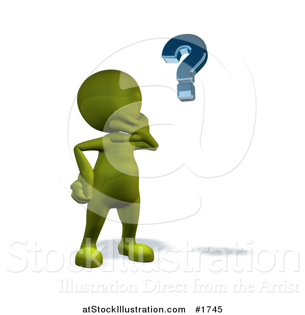 Illustration of a 3d Green Man Pondering and Looking at a Question Mark