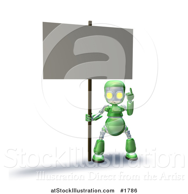Illustration of a 3d Green Robot Character Pointing up and Holding a Blank Sign
