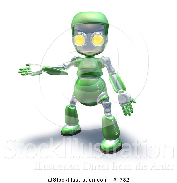 Illustration of a 3d Green Robot Character Presenting to the Left