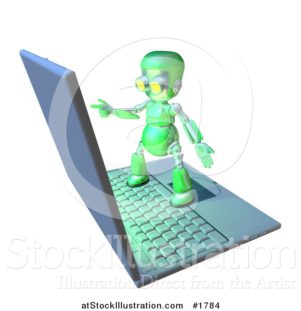 Illustration of a 3d Green Robot Character Standing on a Giant Laptop