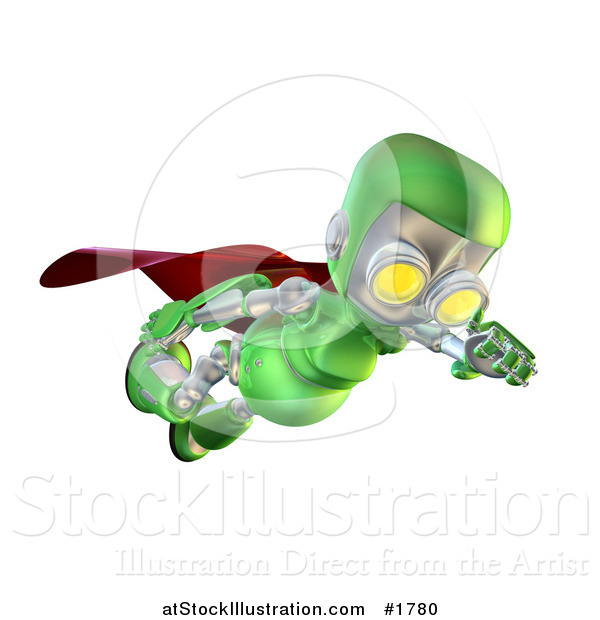 Illustration of a 3d Green Robot Character Super Hero Flying and Looking down