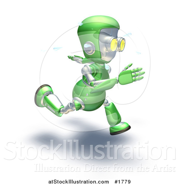 Illustration of a 3d Green Robot Character Sweating and Sprinting