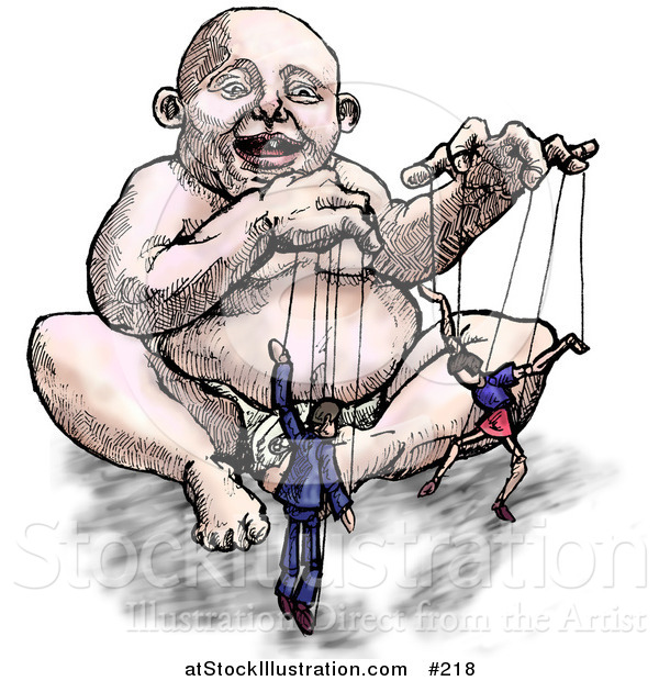 Illustration of a Baby Playing with His Parents on Strings like Puppets