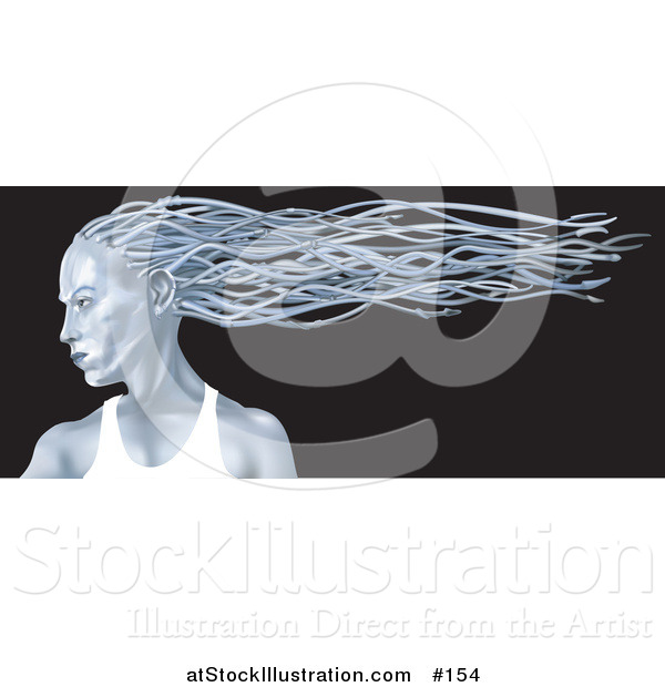 Illustration of a Blue Metallic Futuristic Woman in Profile with Her Hair Flowing in the Breeze Behind Her