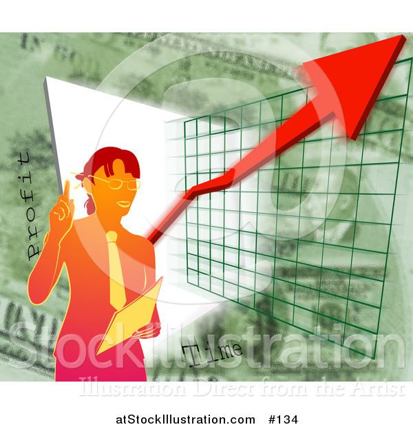 Illustration of a Business Woman Standing over a Presentation Graph and Green