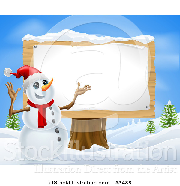 Illustration of a Christmas Snowman Presenting a Wooden Sign