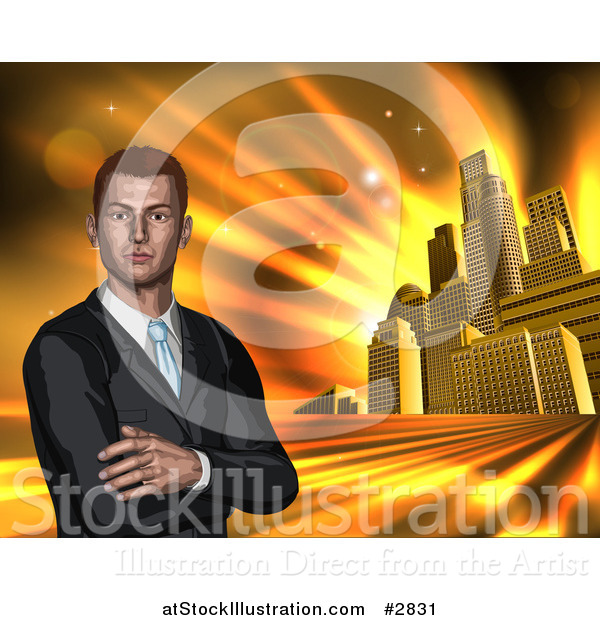 Illustration of a Corporate Businessman with Folded Arms Against a Golden City