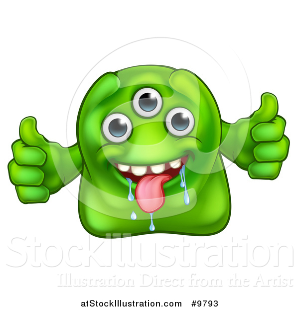 Illustration of a Drooling Three Eyed Green Alien or Monster Giving Two Thumbs up