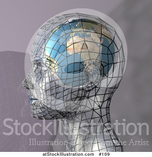 Illustration of a Futuristic Human Head in Profile with a Globe Inside the Brain