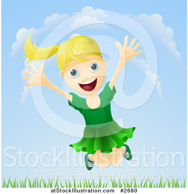 Illustration of a Happy Blond Girl Jumping Outdoors