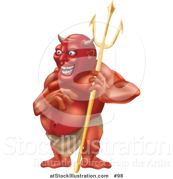 Illustration of a Laughing Horned Devil Holding a Pitchfork