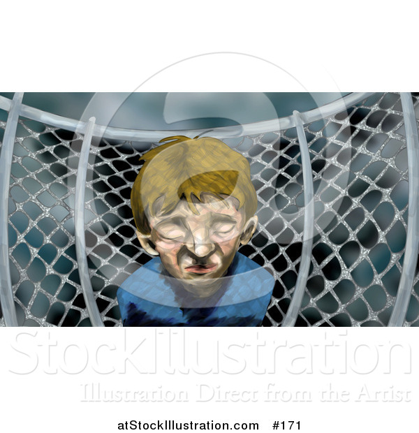 Illustration of a Miserable Boy by a Chainlink Fence on a Playground on a Stormy Day