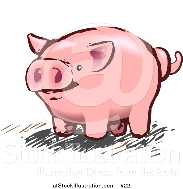 Illustration of a Pink Pig with a Curly Tail