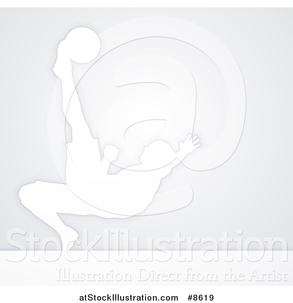 Illustration of a White Silhouetted Male Soccer Player Diving to Kick a Ball, over Gray