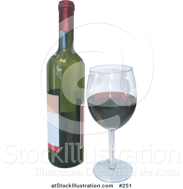 Illustration of a Wineglass with Red Wine and a Bottle