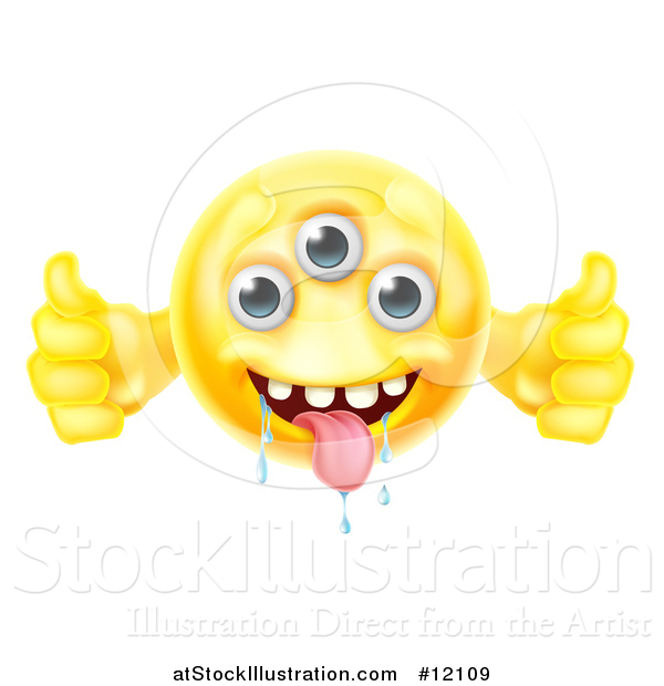 Illustration of a Yellow Drooling Alien Monster Emoji Emoticon Smiley Holding Two Thumbs up