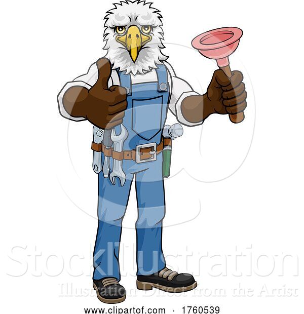 Illustration of Cartoon Eagle Plumber Mascot Holding Plunger