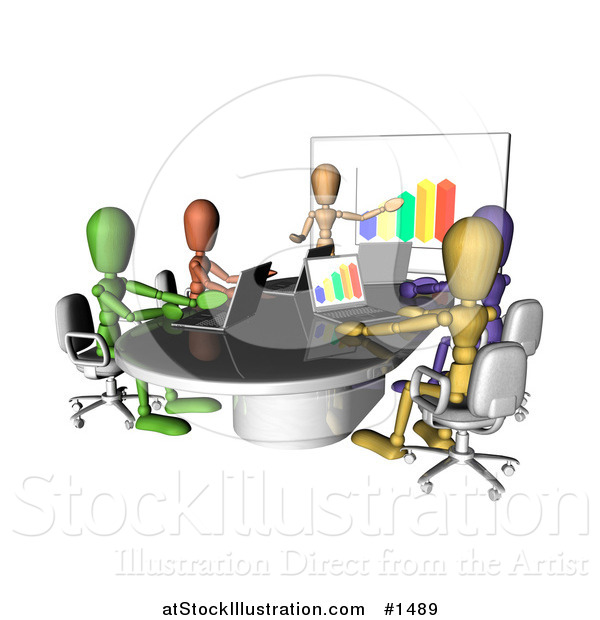 Illustration of Colorful and Diverse Dummy Figures Using Laptops and a Bar Graph on a Board in a Meeting