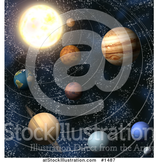 Illustration of Planets of Our Solar System in Outer Space, with Lines of Orbit