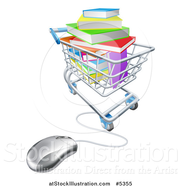 Vector Illustration of 3d Books Piled in a Shopping Cart Wired to a Computer Mouse