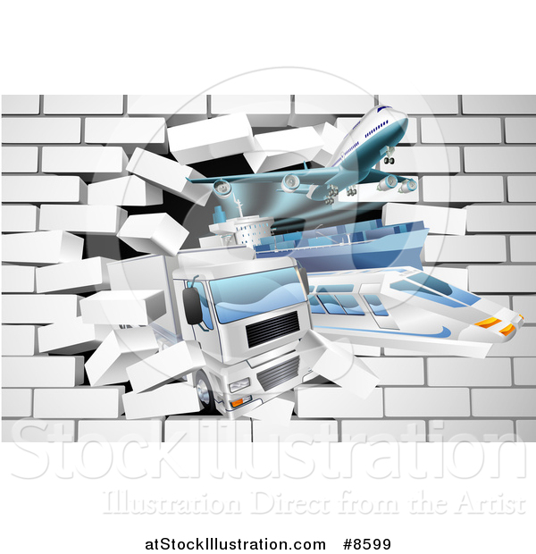 Vector Illustration of 3d Cargo Logistics Modes, Trains, Planes Big Rig Trucks, and Ships Breaking Through a Brick Wall