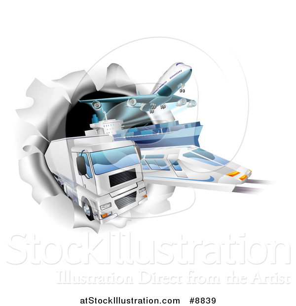 Vector Illustration of 3d Cargo Logistics Modes, Trains, Planes Big Rig Trucks, and Ships Breaking Through a Wall
