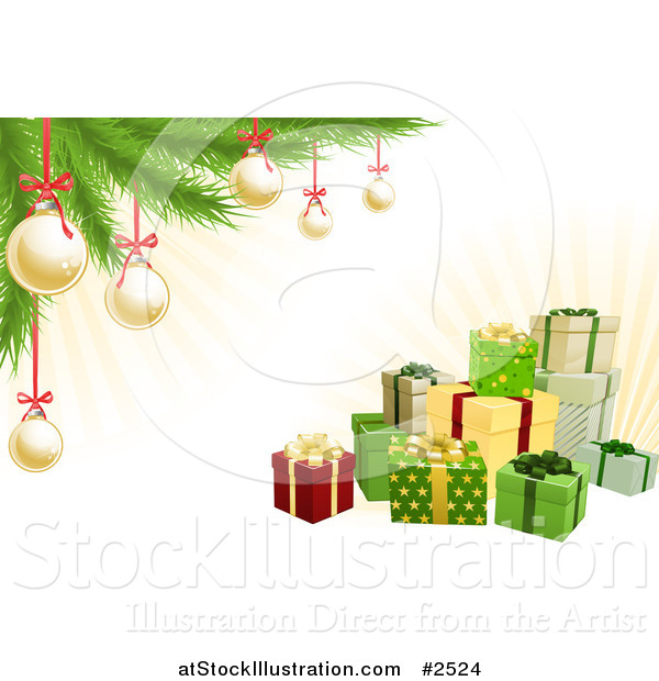 Vector Illustration of 3d Christmas Gifts with a Tree Gold Baubles and Rays