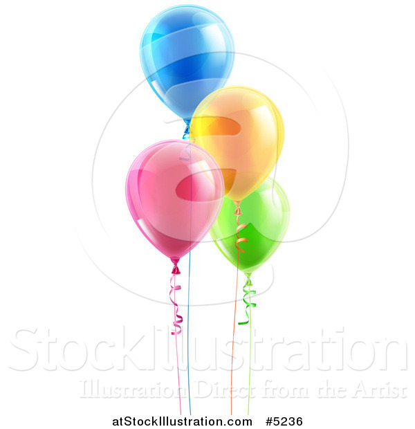Vector Illustration of 3d Colorful Floating Party Balloons with Ribbons