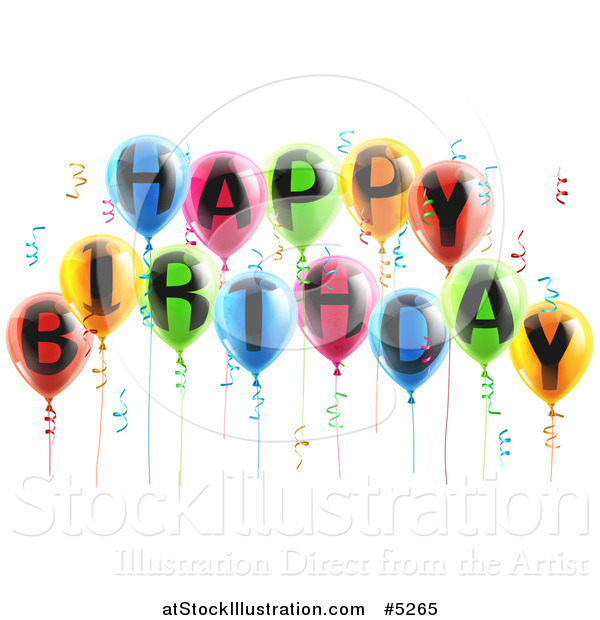 Vector Illustration of 3d Colorful Party Balloons and Confetti with Happy Birthday Text