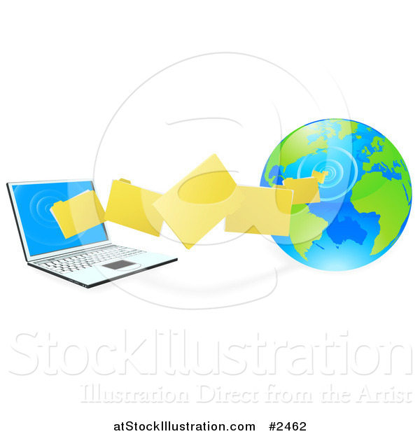 Vector Illustration of 3d Files Transfering from a Globe to a Laptop Computer