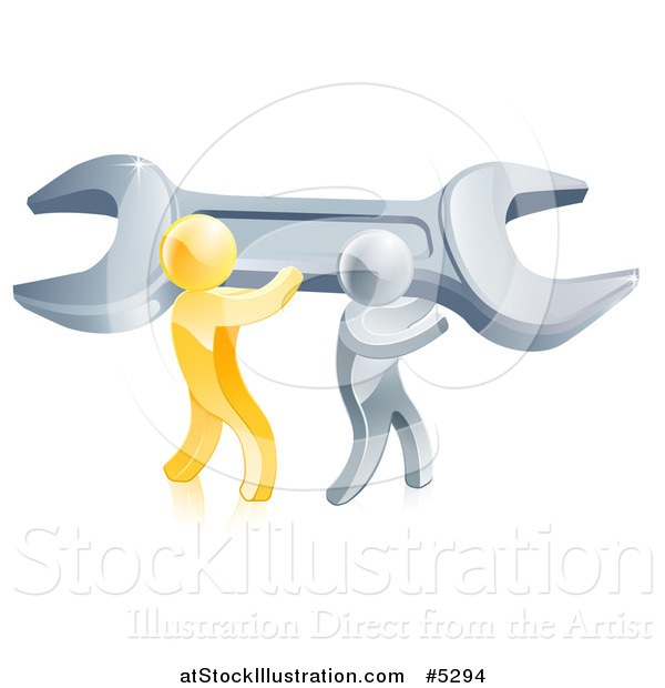 Vector Illustration of 3d Gold and Silver Men Carrying a Giant Adjustable Wrench