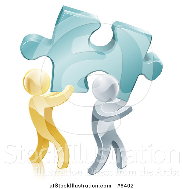 Vector Illustration of 3d Gold and Silver Men Carrying a Large Turquoise Solution Puzzle Piece