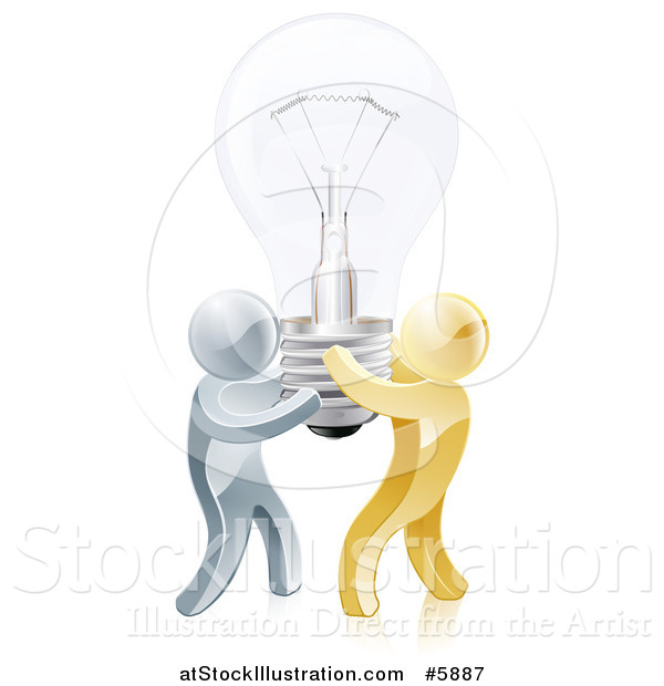 Vector Illustration of 3d Gold and Silver Men Carrying a Light Bulb
