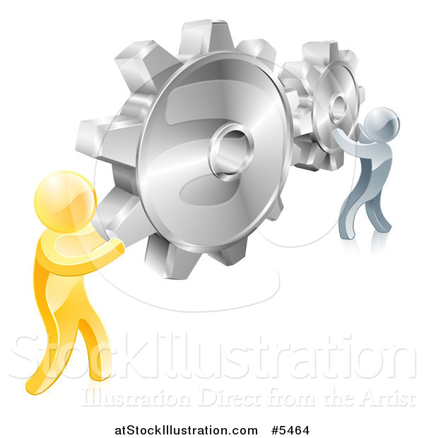 Vector Illustration of 3d Gold and Silver Men Connecting Two Giant Gear Cogs